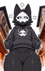 1girls 2026 ai_generated annoyed annoyed_expression anthro black_fur bottomless bottomless_female changed_(video_game) curvy_female curvy_figure female female_only hands_in_pockets hi_res hood_down hoodie inner_ear_fluff innie_pussy low-angle_view outdoors plump_labia puro_(changed) pussy rule_63 thick_thighs white_eyes zonoya_(artist)