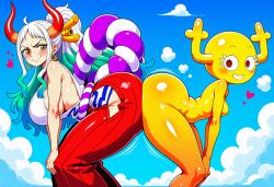 2girls ai_generated ass_to_ass big_ass big_breasts big_butt blush blushing butt_to_butt clothed clothed_female clothed_female_nude_female cloud clouds crossover female female_only hands_on_knees heart horns light-skinned_female light_skin naked naked_female novelai nude nude_female one_piece outdoors outside penny_fitzgerald side_boob side_view sideboob small_breasts smile the_amazing_world_of_gumball yamato_(one_piece) yellow_body yellow_skin yellow_skinned_female