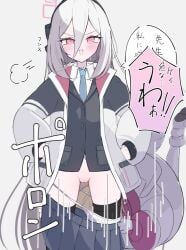2girls accidental_exposure araara_do assisted_exposure black_hairband black_jacket black_shirt black_thighhighs blonde_hair blue_archive blue_necktie blush boots buttons cleft_of_venus clothes_pull collared_shirt commentary_request cowboy_shot gloves grey_background hair_between_eyes hairband halo highres jacket kei_(blue_archive) kei_(new_body)_(blue_archive) long_hair long_hair_between_eyes long_sleeves looking_at_viewer momoi_(armed)_(blue_archive) momoi_(blue_archive) multiple_girls necktie open_clothes open_jacket open_mouth panties pantsing panty_pull pleated_skirt puff_of_air puffy_long_sleeves puffy_sleeves pulling_another's_clothes pussy red_eyes red_halo ringed_eyes shirt simple_background skirt skirt_pull sweat thighhighs translation_request tripping underwear undressing_another v-shaped_eyebrows white_boots white_gloves white_halo white_jacket white_panties white_shirt
