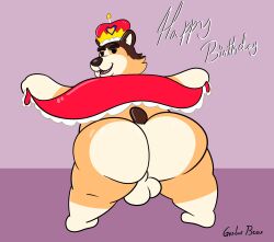 2026 absurd_res anthro ass backsack balls big_butt brown_body canid canine canis chubby_male crown domestic_dog english_text genitals grolarbearsins headgear hi_res mammal open_mouth slightly_chubby solo standing text