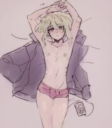 1boy 1femboy androgynous blush blushing blushing_at_viewer bob_cut boxers bulge bulge_through_clothing femboy femboy_only feminine_faced_male feminine_male imminent_sex instanttnoodle lio_fotia looking_at_viewer on_bed partially_colored petite petite_body petite_male pov promare short_hair short_male sketch slim slim_male slim_waist solo thin_waist twink
