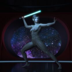 1girls 3d action_pose bastila_shan casual daz_studio female female_only full_body human knights_of_the_old_republic knights_of_the_old_republic_(series) lightsaber nonsexual nonsexual_nudity nude nude_female nudist o97t5s pale_skin solo solo_female star_wars weapon