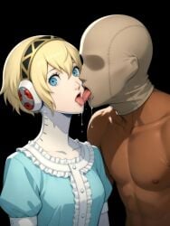 1boy1girl ai_edit ai_generated aigis_(persona) android blonde_hair blue_dress masked_male naked_male persona persona_3 persona_3_reload saliva shigenori_soejima tanned_skin tongue_fucking