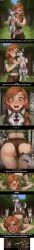 1girls ai_generated alex_(minecraft) ambush_(trap) ass blush brown_shorts canine canine_penis clothed_female comic comic_strip english_text face_down_ass_up female_on_feral forced forced_exposure forest goonerslopai green_eyes helpless imminent_sex implied_sex knotted_penis minecraft mounted multiple_males multiple_penises orange_hair outside partially_clothed partially_visible_vulva questionable_consent ripped_clothing shocked short_shorts shorts submissive_female surprised sweat underwear zoophilia