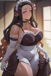 1girl ai_generated alternate_breast_size alternate_costume alternate_muscle_size apron bare_shoulders black_dress black_hair breasts brown_hair choker cleavage collarbone colored_tips cowboy_shot curvy dandanhub demon_slayer dress elbow_gloves enmaided frilled_choker frilled_gloves frills gloves gradient_hair grin hair_ribbon indoors kamado_nezuko kimetsu_no_yaiba large_breasts long_hair looking_at_viewer maid maid_apron maid_headdress multicolored_hair muscular_female nezuko_kamado orange_hair pink_eyes pink_ribbon plump ribbon sidelighting skirt_hold sleeveless sleeveless_dress smile solo teeth thick_arms thick_thighs thighs two-tone_hair veins veiny_breasts very_long_hair white_apron white_gloves