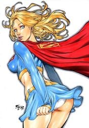 1girls 2017 argoan ass belt big_breasts blonde_hair blue_miniskirt blue_skirt breasts dated dc dc_comics ed_benes_studio female female_only fred_benes from_behind kara_zor-el kryptonian messy_hair miniskirt nipples nipples_visible_through_clothing red_cape shiny_clothes signature skirt_tug solo supergirl tight_clothing upskirt white_panties white_underwear wind_lift yellow_belt