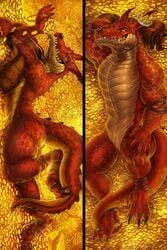 animal_genitalia anthro belly_scales chumbasket claws coin crown dakimakura_design dragon genital_slit gold_(metal) gold_coin gold_hoard hoard looking_at_viewer male male_only red_scales scales scalie slit smile solo treasure western_dragon