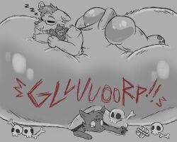 abdominal_bulge anthro bear belly_bed belly_bigger_than_body belly_crush big_butt bone bone_in_mouth bones_in_stomach butt canid canine digestion digestion_noises duo fatal_vore hi_res hibernation intersex intersex/male lying male mammal mass_vore multiple_prey nude on_front overweight scared skull sleeping starry_stoat trapped_under_belly vore weight_gain