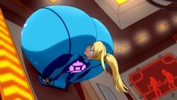 1girls 2boys alternate_breast_size beauty_mark blonde_hair blue_eyes bodysuit breast_expansion gigantic_breasts huge_breasts hyper hyper_breasts long_hair massive_breasts metroid nintendo one_eye_closed ponytail samus_aran smile space_pirate stuck tight_clothing vent ydbunny zero_suit zero_suit_samus