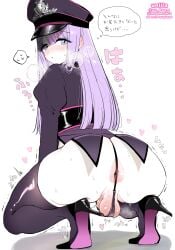 1boy anus ass blue_eyes commentary from_behind g-string high_heels highres long_hair looking_at_viewer male_focus military_uniform nagano_rira original penis penis_peek perineum perineum_peek pink_hair solo squatting testicles thighhighs thong translation_request trap untranslatable_commentary