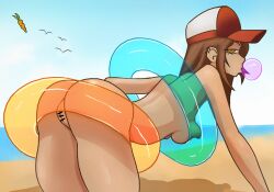 beach brown_hair cap censored chiotosaurio innertube lina_(celina_quintana) nude_female original original_character solo_female