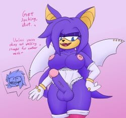 anthro armwear avian balls bat big_balls big_breasts big_penis bird blue_body blue_eyes blue_feathers bluebird blush bracelet breasts clothing cookie-pone elbow_gloves erection fan_character fangs feathers fur furgonomic_piercing furgonomics genital_piercing genitals ghost_bat gloves gynomorph handwear insult intersex jewelry looking_down looking_up male mammal megadermitid microbat mountain_bluebird nipple_piercing nipples oscine passerine penis penis_piercing piercing purple_body purple_fur sega shred_the_bluebird solo sonic_the_hedgehog_(series) spikes tan_body tan_fur teeth thick_thighs thrush_(bird) trans_(lore) trans_man_(lore) white_wings wing_piercing wings