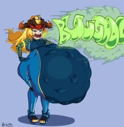 ambiguous_prey bel_(beltorchika12) belch belching beltorchika12 big_belly blonde_female blonde_hair blue_bodysuit blue_eyes bodysuit bucketsfa burp burp_cloud burping female female_focus female_pred front_view gold_trim hand_print headpiece multiple_prey same_size_vore sound_effect squirming_belly squirming_gut squirming_prey text vore vore_belly