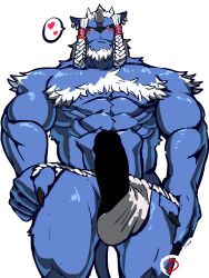 1boy abs bara beard biceps blue_fur broken_horn censored claws closed_mouth covered_testicles dingding_art english_commentary erection facial_hair final_fantasy final_fantasy_x fundoshi furry furry_male heart horns japanese_clothes kimahri_ronso looking_to_the_side male_focus muscular muscular_male pectorals penis ronso single_horn smile speech_bubble spoken_heart topless_male white_background white_hair