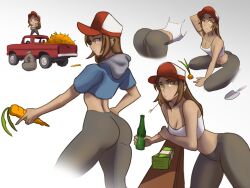 ass ass_focus brown_hair butt_focus cap carrot chiotosaurio farmer lina_(celina_quintana) original original_character solo_female