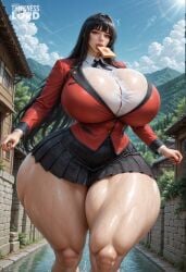 ai_generated alternate_body_type alternate_breast_size big_ass big_thighs black_hair black_skirt blazer blue_sky blunt_bangs bottom_heavy bow bra_visible_through_clothes bread bread_slice breasts building bursting_breasts child_bearing_hips cloud collared_shirt curvaceous curves curvy curvy_body curvy_figure day female female_only food food_in_mouth gigantic_ass gigantic_breasts glossy glossy_body hi_res high_resolution highres hime_cut hourglass_figure house huge_ass huge_breasts impossible_clothes jabami_yumeko jacket kakegurui large_thighs lips long_hair long_sleeves looking_at_viewer massive_ass miniskirt mountain mouth_hold outdoors plaid plaid_skirt pleated_skirt red_eyes red_jacket red_nails school_uniform see-through shiny_skin shirt skin_gloss skirt skull_crushing_thighs sky solo stable_diffusion standing sweat thick_thighs thicknesslord thighs thunder_thighs toast toast_in_mouth very_long_hair voluptuous wet wet_clothes white_shirt wide_hips