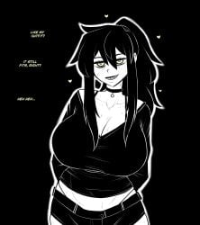 1girls big_breasts black_background black_hair black_shirt black_shorts blush bottomwear breasts choker cleavage english english_text female female_only green_eyes hair heart huge_breasts large_breasts mature mature_female mature_woman milf mother neckwear ponytail renee_graves sharp_teeth shirt shorts smile solo solo_female sweat sweatdrop text the_coffin_of_andy_and_leyley tied_hair tight_clothing topwear truelordpotato