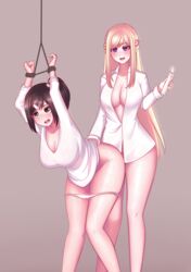2girls @_@ arms_up bada bangs black_eyes black_hair blonde_hair blush bottomless bound breasts candle cleavage dress_shirt hair_ornament hairclip highres jtaro knees_together_feet_apart large_breasts leaning_forward legs long_hair looking_at_another looking_up lucy_(talesrunner) multiple_girls no_bra open_mouth panties panty_pull purple_eyes restrained shirt side_ponytail simple_background standing sweat sweatdrop swept_bangs talesrunner teeth tongue underwear underwear_down very_long_hair white_panties white_shirt yuri