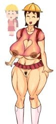 1girls backpack big_breasts breasts cleavage cleavage_cutout female female_only functionally_nude functionally_nude_female hat heart-shaped_cleavage_window huge_breasts irasutoya mature_female microskirt mig3120 milf muscular_thighs nipples nipples_visible_through_clothing pubic_hair pussy reference_image thick_thighs thighhighs uncensored useless_clothing wide_hips yellow_hat