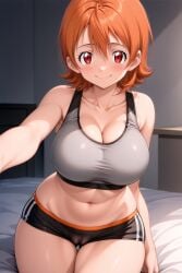 sora_takenouchi digimon digimon_adventure digimon_adventure_tri. rena_aikawa_(pixiv_user) ai_generated stable_diffusion pixiv 1girl breasts solo navel sports_bra smile large_breasts looking_at_viewer cleavage red_eyes cameltoe orange_hair collarbone blush sitting shorts short_hair indoors grey_sports_bra ahoge closed_mouth black_shorts sweat thigh_gap stomach thighs short_shorts bare_shoulders bed hair_between_eyes on_bed midriff selfie outstretched_arm bare_arms reaching bed_sheet black_sports_bra reaching_towards_viewer medium_hair boyshorts black panties underwear two-tone_bra parent:17323727