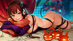 16:9 1girls armwear ass barefoot bat_wings bed bed_sheets blizzard_entertainment bottomless breasts brown_eyes brown_hair cleavage d.va demon_girl demon_horns demon_tail elbow_gloves face_paint facial_mark fake_horns fake_tail feet female female_only gloves grin grinning gumroad_reward halloween halloween_costume head_wings headphones high_resolution hips horns jack-o'-lantern large_breasts lasterk leotard long_hair looking_at_viewer lying_down mecha meka no_bra nopan on_stomach overwatch paid_reward patreon_reward pillow pillow_hug purple_gloves realistic robot seductive_smile sideboob skimpy_clothes smile smooth_skin solo succubus tail tattoo thigh_strap thighs third-party_edit very_high_resolution wallpaper whisker_markings wings