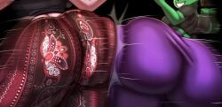 2girls ass ass_bigger_than_head ass_bigger_than_torso ass_focus ass_press ass_to_ass big_ass black_background black_hair bottom_heavy breasts bubble_butt clothing comic ear_piercing earrings fat_ass female female_only figura_(n-kosi) flare_pants forbidden_pants geegee_(n-kosi) gluteal_fold goblin goblin_female green_skin huge_ass large_ass massive_ass mini_comic n-kosi n-kosi_(coloring) original pants piercing pink_skin png rear_view shapeshifter shirt shortstack smile smug smug_grin thick_ass thick_thighs thunder_thighs wide_hips yoga_pants