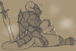 2_penises anthro armor ass bodily_fluids cuirass digitigrade dragon dripping genital_fluids genitals greaves headgear helmet hi_res horn horned_helmet knot leaking_precum looking_back male melee_weapon monochrome multi_genitalia multi_penis musk musk_cloud mythological_creature mythological_scalie mythology nonbinary_(lore) penis plate_armor precum precum_drip question_mark ridged_penis scales scalie servopilot sitting solo spiked_tail spikes spikes_(anatomy) sword sword_in_ground tail thagomizer weapon