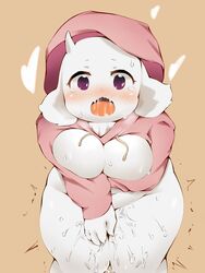 2018 anthro blush boss_monster bottomless breasts caprine clothed clothing covering covering_crotch covering_self featureless_breasts female fur goat heart hi_res holding_breast horn long_ears mammal meme open_mouth purple_eyes pussy_juice saliva sarier413 simple_background solo toriel twitter_hoodie undertale video_games white_fur