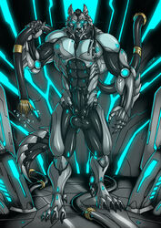 animal_genitalia animal_penis anthro balls canine canine_penis cybernetics cyborg erection glowing glowing_eyes knot looking_at_viewer machine male male_only mammal muscular muscular_male pecs penis rhinoking solo standing