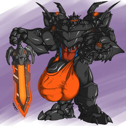 anthro armor balls big_balls bulge clothed clothing dragon flaccid huge_balls humanoid_penis hyper hyper_balls hyper_penis looking_at_viewer male male_only melee_weapon muscular muscular_male penis penis_outline rhinoking smile solo standing sword underwear vein weapon