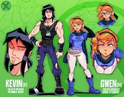 1boy alternate_universe annoyed belt ben_10 boots canon_couple cartoon_network character_sheet cleavage closed_mouth crimsoncoax duo earrings embarrassed expression female female_focus full_body gloves green_background gwen_tennyson hand_on_hip headband human human_focus kevin_levin male male_focus midriff model_sheet multiple_expressions navel pants profile redesign scarf sleeveless smirk smug tank_top thick_thighs tight_clothing tight_pants top upper_body western_cartoon