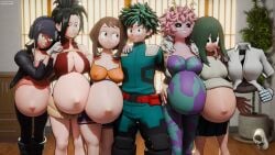 16:9 1boy 3d 3d_(artwork) 6girls big_breasts black_hair breasts brown_hair female femboy green_hair harem izuku_midoriya kyoka_jiro large_breasts male mina_ashido momo_yaoyorozu multiple_girls multiple_pregnancies my_hero_academia ochako_uraraka peterraynor pink_hair pink_skin pregnant super_belly tooru_hagakure tooru_hagakure_(invisible) tsuyu_asui