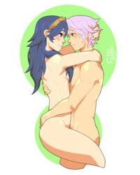 2017 bare_arms bare_legs bare_shoulders blue_eyes blue_hair blush couple dated female fire_emblem fire_emblem_awakening fsnowzombie looking_at_another lucina_(fire_emblem) male nintendo nude nude_female nude_male robin_(fire_emblem) robin_(fire_emblem)_(male) sex small_breasts smile tiara white_hair wholesome yellow_eyes