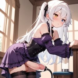 ai_generated solo_futa futanari futa_only 1futa lapis_rosenberg eiyuu_densetsu pale_skin pale-skinned_futa mostly_clothed long_hair white_hair heterochromia blue_eyes yellow_eyes detached_sleeves dress purple_dress large_penis erection penis_milking penis_milking_machine corset thighhighs blush hair_ribbon