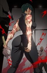 1girls absurd_res bare_shoulders belt big_ass big_breasts black_pants black_shirt blood breasts burn_scar highres jamesloves_art jujutsu_kaisen large_breasts muscular muscular_female scar scar_across_eye scar_on_face short_hair short_hair_female sleeveless solo solo_female tomboy very_short_hair zenin_maki