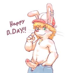 anthro balls blush body_hair chest_hair erection facial_hair fur humanoid_penis lagomorph lambent male_only mammal penis precum pubes rabbit simple_background standing white_fur