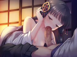 1boy 1girls areolae ass bare_shoulders big_penis black_hair blush censored deep_one_(game) erection fellatio female flat_chest game_cg half-closed_eyes highres hinamori_saya indoors japanese_clothes long_hair lying mosaic_censoring nameless_(circle) natsuhiko nipples no_bra open_clothes oral pants_down penis saliva solo_focus yellow_eyes