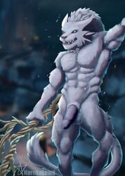 2018 4_ears abs anthro balls biceps black_penis blue_eyes charr claws digital_media_(artwork) fangs feline front_view fur guild_wars hi_res holding_object horn ice male male_only mammal multi_ear muscular muscular_male naruka nude outside painting pecs penis pose sharp_teeth snow solo spread_legs spreading staff stripes tail_tuft teeth tuft video_games weapon white_fur