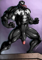 alien balls flaccid humanoid_penis male male_only marvel muscular muscular_male open_mouth penis retracted_foreskin rhinoking smile smooth_skin solo standing symbiote tongue tongue_out uncut vein venom venom_(marvel)