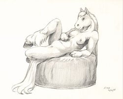 2018 3_fingers anatomically_correct anatomically_correct_pussy animal_genitalia animal_pussy anthro breasts ears_up equine equine_pussy eyelashes female fetlocks hand_on_stomach hooved_fingers hooves horse leaning leaning_back long_mane long_tail looking_back mammal mane monochrome nipples nude one_leg_up pencil_(artwork) pose pussy reclining scale_(artist) side_view simple_background small_breasts smile sofa solo traditional_media_(artwork) white_background