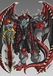 anthro armor balls big_penis diphallia diphallism dragon flaccid horn humanoid_penis male male_only melee_weapon multi_penis muscular muscular_male penis retracted_foreskin rhinoking solo standing sword uncut vein weapon wings