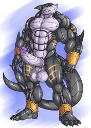 anthro balls big_balls big_penis cybernetics cyborg erection fish humanoid_penis machine male male_only marine muscular muscular_male nude penis retracted_foreskin rhinoking shark simple_background solo standing teeth uncut