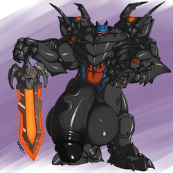 anthro armor balls big_balls clothed clothing dragon flaccid huge_balls humanoid_penis hyper hyper_balls hyper_penis looking_at_viewer male male_only melee_weapon muscular muscular_male penis retracted_foreskin rhinoking smile solo standing sword uncut vein weapon