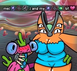 1boy 1girls belly big_breasts big_thighs bigger_female blue_dress breasts chubby chubby_female english_text ethereal_workshop eyelashes female green_tongue happy_expression holding_each_other long_nails male matthe meebkin monster monster_girl my_singing_monsters orange_skin selfie shiny_breasts shy shy_expression smaller_male text torn_clothes yooreega(matthe) yooreek