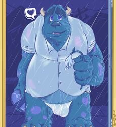 blue_eyes chocolate_box clothing disney fangs flamingbeaver flower fur heart horn looking_at_viewer male male_only monster monsters_inc penis pixar plant raining sulley teeth underwear wet