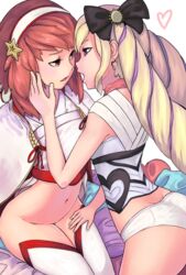 2girls ass bedroom blonde blonde_hair blush boots bow elise_(fire_emblem) fire_emblem fire_emblem_fates fire_emblem_if hand_on_cheek hand_on_thigh headband heart imminent_kiss japanese_clothes leaning_forward multiple_girls nintendo no_panties panties partially_nude princess red_hair rilliant romantic_ambiance sakura_(fire_emblem) teenager traditional_clothes twintails underwear yuri