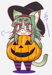 2018 anthro barely_visible_genitalia barely_visible_pussy blush clothed clothing costume eyewear feline feline female food fruit fur glasses green_eyes green_fur green_hair hair halloween hat holidays ineffective_clothing kemono legwear mammal midori_(nakagami_takashi) multicolored_fur nakagami_takashi paws pumpkin pussy semi-anthro simple_background solo standing stockings two_tone_fur whiskers witch_hat