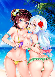 2girls ass big_ass big_breasts bikini blue_eyes blush breast_hold breast_press breast_squeeze breasts breasts_out brown_hair cameltoe condom cum cum_drip cum_in_condom cum_in_mouth cum_on_breasts cumdrip drinking_from_condom huge_breasts large_breasts long_hair maumen multiple_girls nipples pussy_juice pussy_juice_drip pussy_juice_stain pussy_juice_string short_hair swimsuits symmetrical_docking thick_thighs thighs thong white_hair yellow_eyes