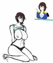 big_breasts blue_eyes brown_hair clothes_between_breasts deadly_legends earling_mashek female female_only gem_(species) genosian_gem_(species) kainetyrin leyendas_mortales miltrayert nipples simple_background voluptuous white_background