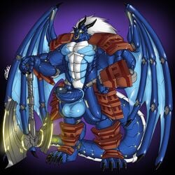 anthro armor axe balls big_balls big_penis cybernetics cyborg dragon erection facial_piercing glowing glowing_eyes hair horn humanoid_penis machine male male_only melee_weapon muscular muscular_male nose_piercing penis piercing rhinoking septum_piercing solo standing weapon wings